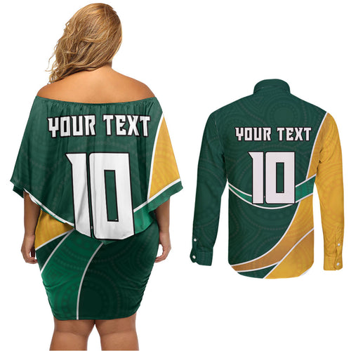 Personalized Kookaburras Field Hockey Kangaroo Couples Matching Off Shoulder Short Dress and Long Sleeve Button Shirt Australian Flag Map With Abstract Green And Gold Wave Pattern