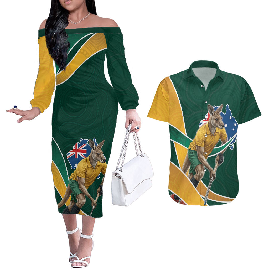 Personalized Kookaburras Field Hockey Kangaroo Couples Matching Off The Shoulder Long Sleeve Dress and Hawaiian Shirt Australian Flag Map With Abstract Green And Gold Wave Pattern