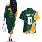 Personalized Kookaburras Field Hockey Kangaroo Couples Matching Off The Shoulder Long Sleeve Dress and Hawaiian Shirt Australian Flag Map With Abstract Green And Gold Wave Pattern