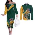 Personalized Kookaburras Field Hockey Kangaroo Couples Matching Off The Shoulder Long Sleeve Dress and Long Sleeve Button Shirt Australian Flag Map With Abstract Green And Gold Wave Pattern