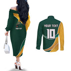 Personalized Kookaburras Field Hockey Kangaroo Couples Matching Off The Shoulder Long Sleeve Dress and Long Sleeve Button Shirt Australian Flag Map With Abstract Green And Gold Wave Pattern