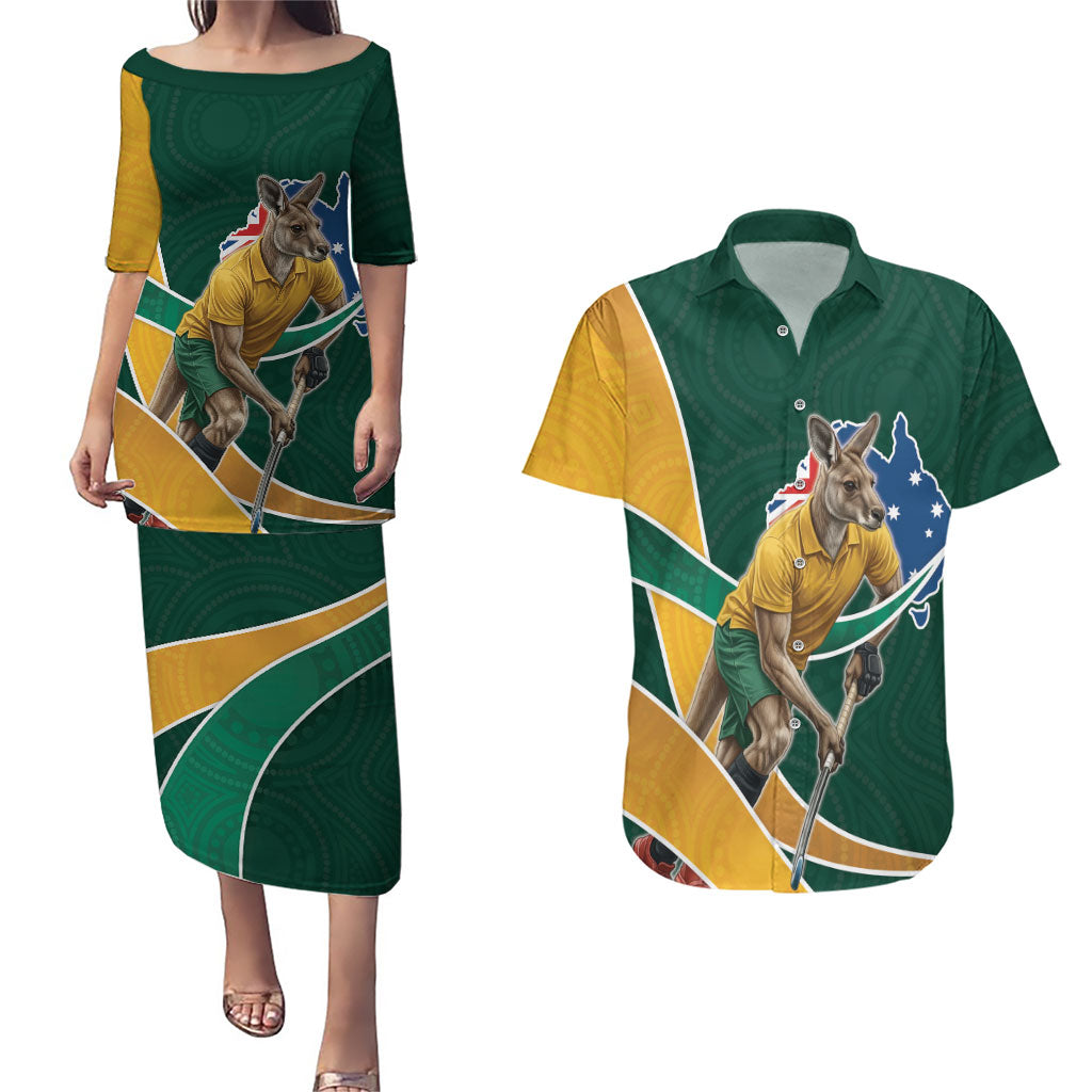 Personalized Kookaburras Field Hockey Kangaroo Couples Matching Puletasi and Hawaiian Shirt Australian Flag Map With Abstract Green And Gold Wave Pattern