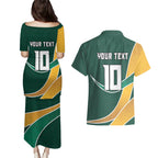 Personalized Kookaburras Field Hockey Kangaroo Couples Matching Puletasi and Hawaiian Shirt Australian Flag Map With Abstract Green And Gold Wave Pattern