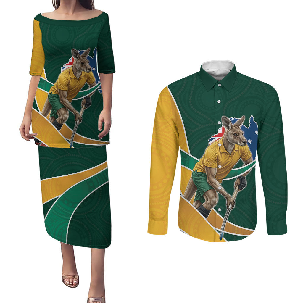 Personalized Kookaburras Field Hockey Kangaroo Couples Matching Puletasi and Long Sleeve Button Shirt Australian Flag Map With Abstract Green And Gold Wave Pattern