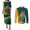 Personalized Kookaburras Field Hockey Kangaroo Couples Matching Puletasi and Long Sleeve Button Shirt Australian Flag Map With Abstract Green And Gold Wave Pattern