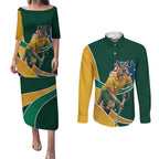 Personalized Kookaburras Field Hockey Kangaroo Couples Matching Puletasi and Long Sleeve Button Shirt Australian Flag Map With Abstract Green And Gold Wave Pattern