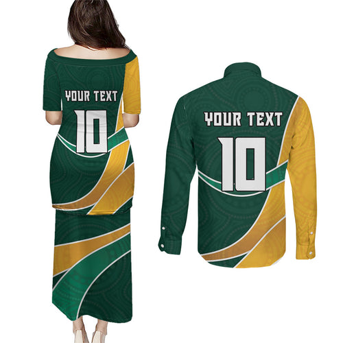 Personalized Kookaburras Field Hockey Kangaroo Couples Matching Puletasi and Long Sleeve Button Shirt Australian Flag Map With Abstract Green And Gold Wave Pattern