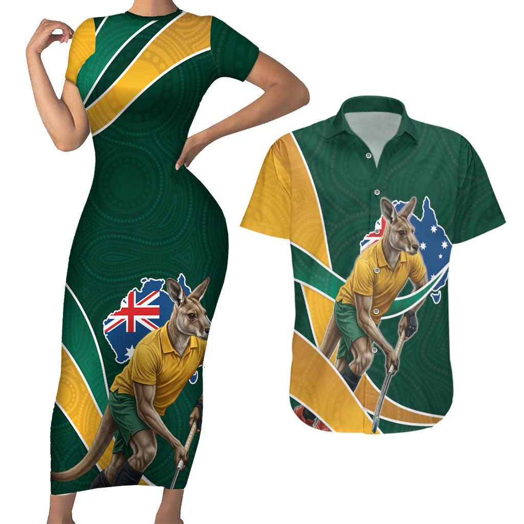 Personalized Kookaburras Field Hockey Kangaroo Couples Matching Short Sleeve Bodycon Dress and Hawaiian Shirt Australian Flag Map With Abstract Green And Gold Wave Pattern