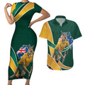 Personalized Kookaburras Field Hockey Kangaroo Couples Matching Short Sleeve Bodycon Dress and Hawaiian Shirt Australian Flag Map With Abstract Green And Gold Wave Pattern