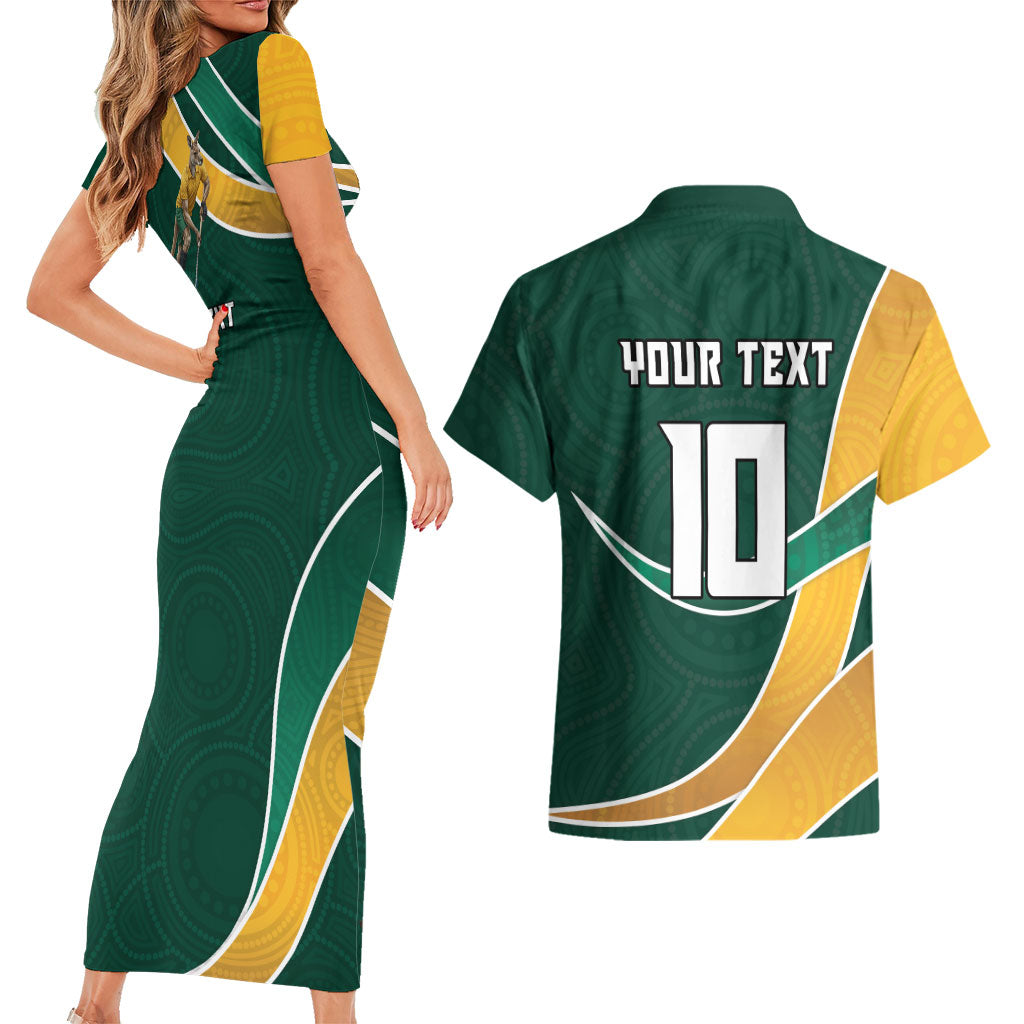 Personalized Kookaburras Field Hockey Kangaroo Couples Matching Short Sleeve Bodycon Dress and Hawaiian Shirt Australian Flag Map With Abstract Green And Gold Wave Pattern