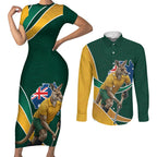 Personalized Kookaburras Field Hockey Kangaroo Couples Matching Short Sleeve Bodycon Dress and Long Sleeve Button Shirt Australian Flag Map With Abstract Green And Gold Wave Pattern