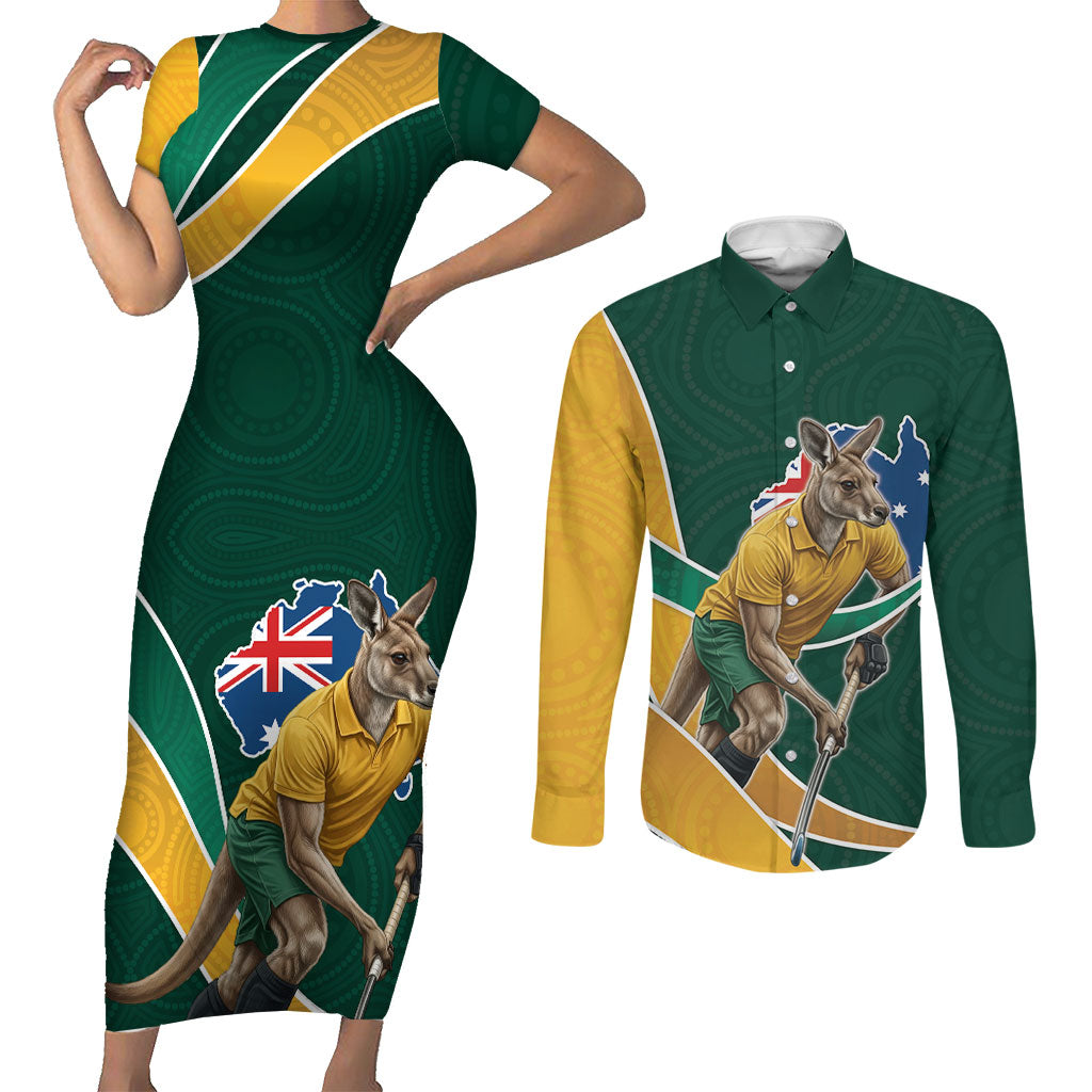 Personalized Kookaburras Field Hockey Kangaroo Couples Matching Short Sleeve Bodycon Dress and Long Sleeve Button Shirt Australian Flag Map With Abstract Green And Gold Wave Pattern