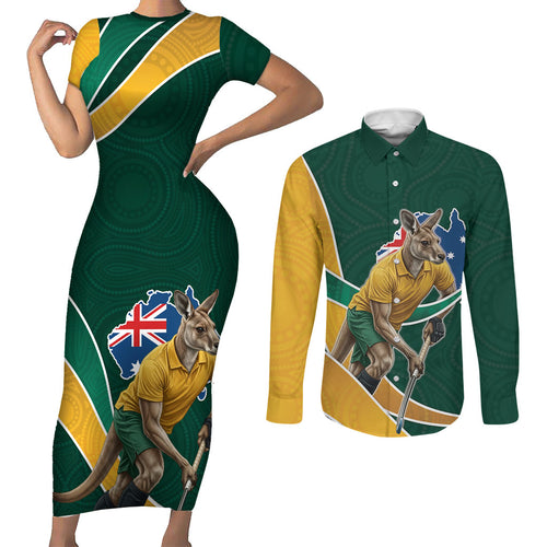Personalized Kookaburras Field Hockey Kangaroo Couples Matching Short Sleeve Bodycon Dress and Long Sleeve Button Shirt Australian Flag Map With Abstract Green And Gold Wave Pattern