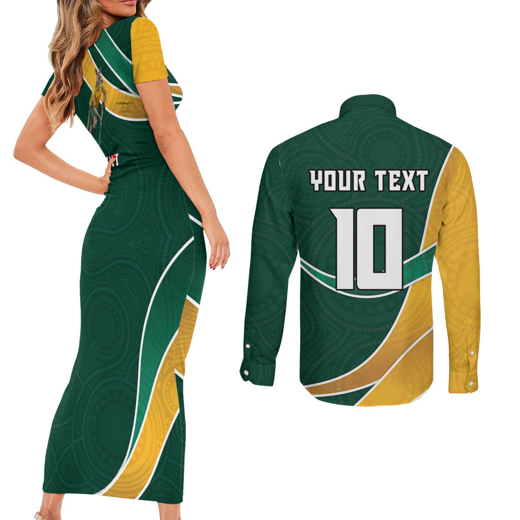 Personalized Kookaburras Field Hockey Kangaroo Couples Matching Short Sleeve Bodycon Dress and Long Sleeve Button Shirt Australian Flag Map With Abstract Green And Gold Wave Pattern