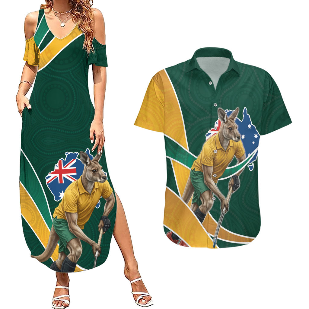 Personalized Kookaburras Field Hockey Kangaroo Couples Matching Summer Maxi Dress and Hawaiian Shirt Australian Flag Map With Abstract Green And Gold Wave Pattern
