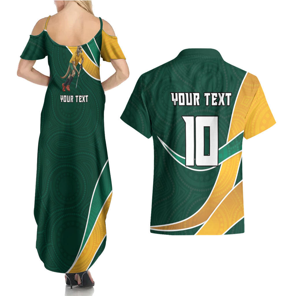 Personalized Kookaburras Field Hockey Kangaroo Couples Matching Summer Maxi Dress and Hawaiian Shirt Australian Flag Map With Abstract Green And Gold Wave Pattern