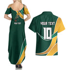 Personalized Kookaburras Field Hockey Kangaroo Couples Matching Summer Maxi Dress and Hawaiian Shirt Australian Flag Map With Abstract Green And Gold Wave Pattern