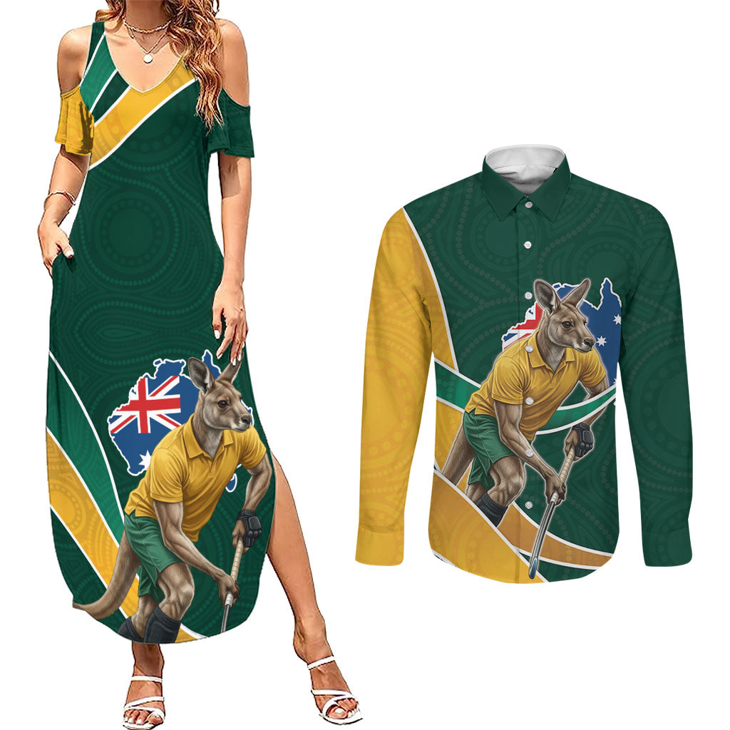 Personalized Kookaburras Field Hockey Kangaroo Couples Matching Summer Maxi Dress and Long Sleeve Button Shirt Australian Flag Map With Abstract Green And Gold Wave Pattern
