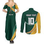 Personalized Kookaburras Field Hockey Kangaroo Couples Matching Summer Maxi Dress and Long Sleeve Button Shirt Australian Flag Map With Abstract Green And Gold Wave Pattern