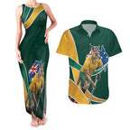 Personalized Kookaburras Field Hockey Kangaroo Couples Matching Tank Maxi Dress and Hawaiian Shirt Australian Flag Map With Abstract Green And Gold Wave Pattern