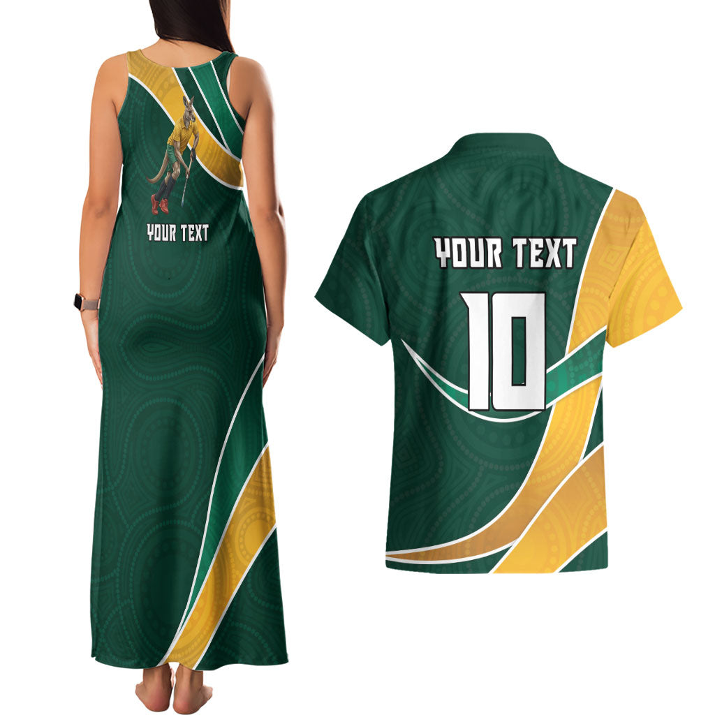 Personalized Kookaburras Field Hockey Kangaroo Couples Matching Tank Maxi Dress and Hawaiian Shirt Australian Flag Map With Abstract Green And Gold Wave Pattern