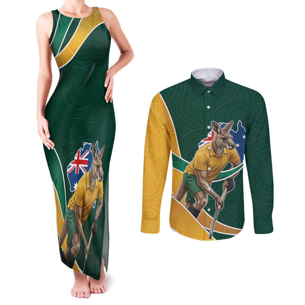 Personalized Kookaburras Field Hockey Kangaroo Couples Matching Tank Maxi Dress and Long Sleeve Button Shirt Australian Flag Map With Abstract Green And Gold Wave Pattern