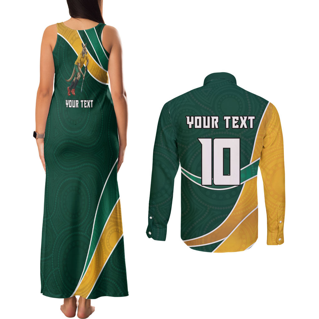 Personalized Kookaburras Field Hockey Kangaroo Couples Matching Tank Maxi Dress and Long Sleeve Button Shirt Australian Flag Map With Abstract Green And Gold Wave Pattern