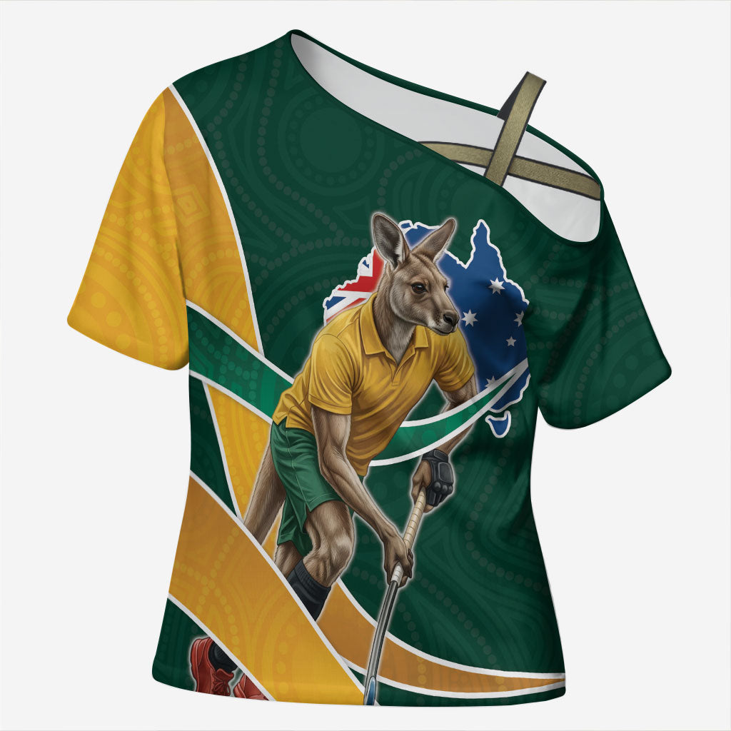 Personalized Kookaburras Field Hockey Kangaroo Cross Shoulder Shirt Australian Flag Map With Abstract Green And Gold Wave Pattern