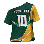Personalized Kookaburras Field Hockey Kangaroo Cross Shoulder Shirt Australian Flag Map With Abstract Green And Gold Wave Pattern
