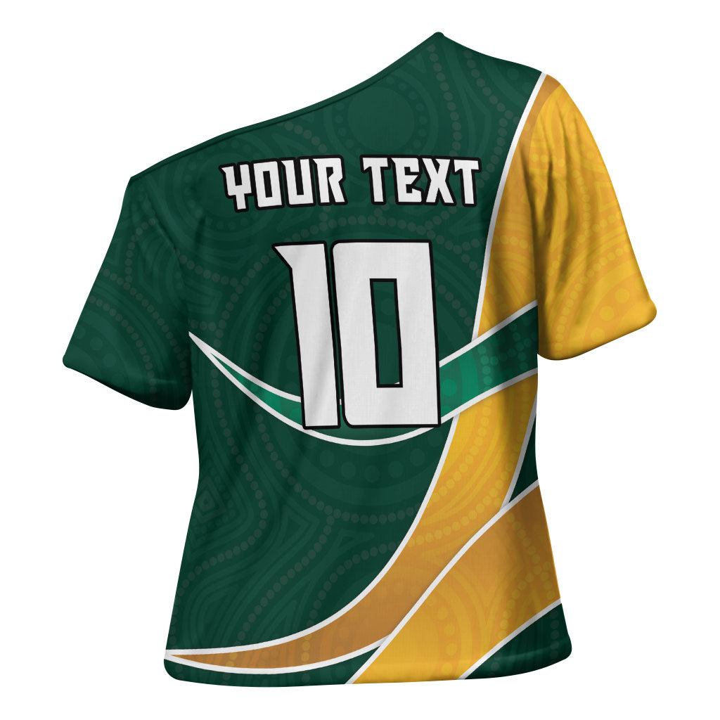 Personalized Kookaburras Field Hockey Kangaroo Cross Shoulder Shirt Australian Flag Map With Abstract Green And Gold Wave Pattern