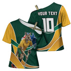 Personalized Kookaburras Field Hockey Kangaroo Cross Shoulder Shirt Australian Flag Map With Abstract Green And Gold Wave Pattern
