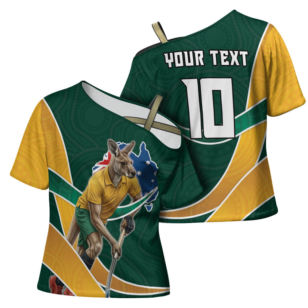 Personalized Kookaburras Field Hockey Kangaroo Cross Shoulder Shirt Australian Flag Map With Abstract Green And Gold Wave Pattern