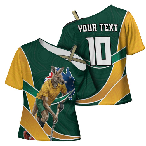 Personalized Kookaburras Field Hockey Kangaroo Cross Shoulder Shirt Australian Flag Map With Abstract Green And Gold Wave Pattern