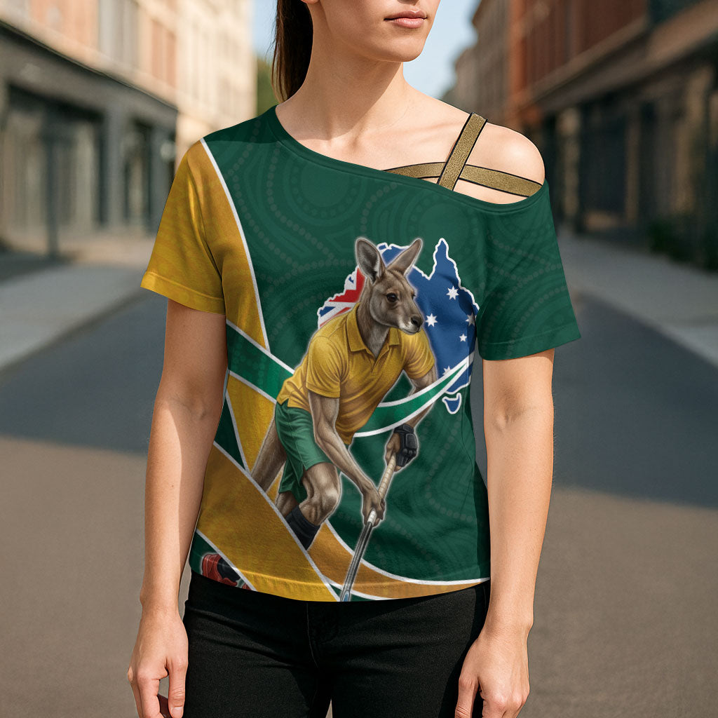 Personalized Kookaburras Field Hockey Kangaroo Cross Shoulder Shirt Australian Flag Map With Abstract Green And Gold Wave Pattern