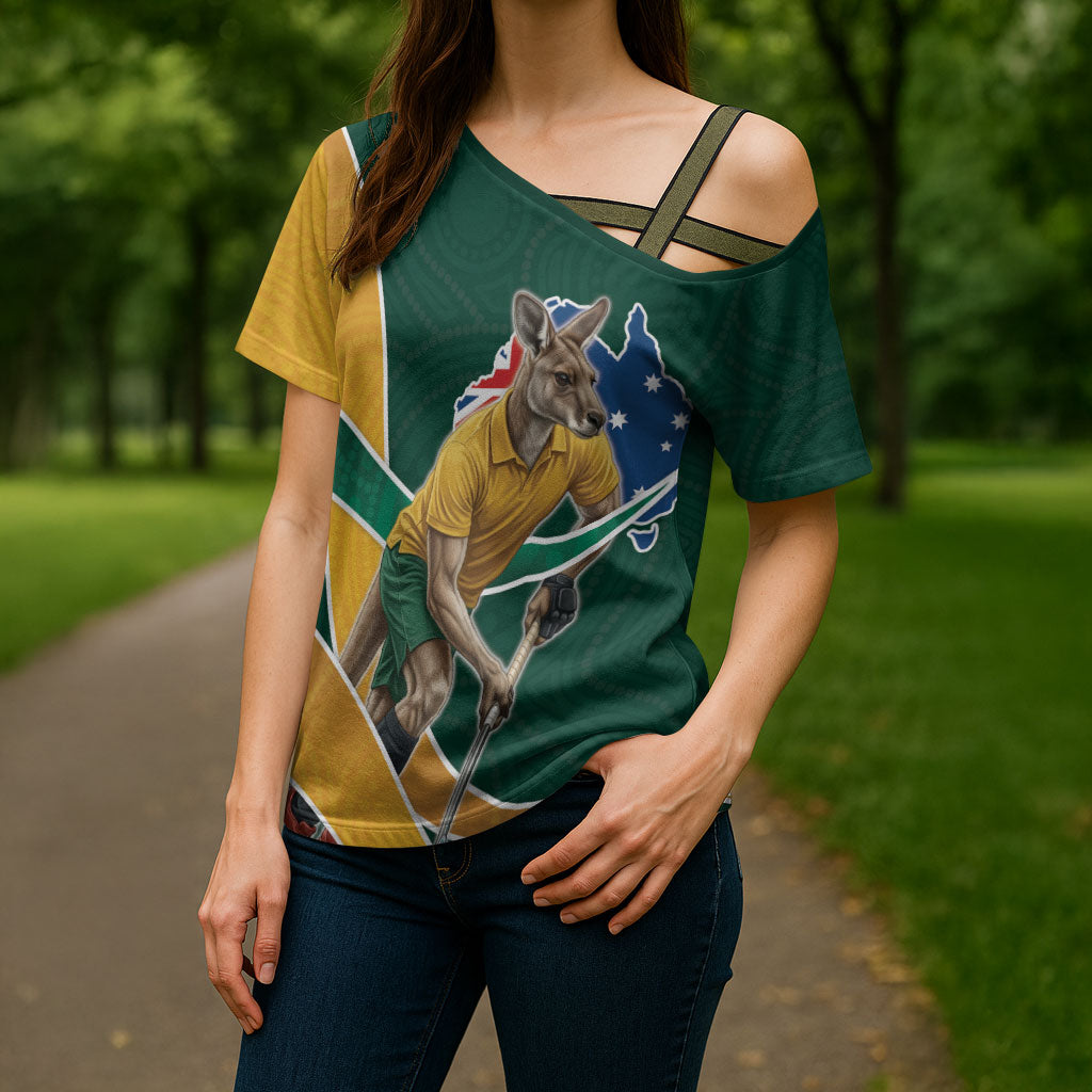Personalized Kookaburras Field Hockey Kangaroo Cross Shoulder Shirt Australian Flag Map With Abstract Green And Gold Wave Pattern