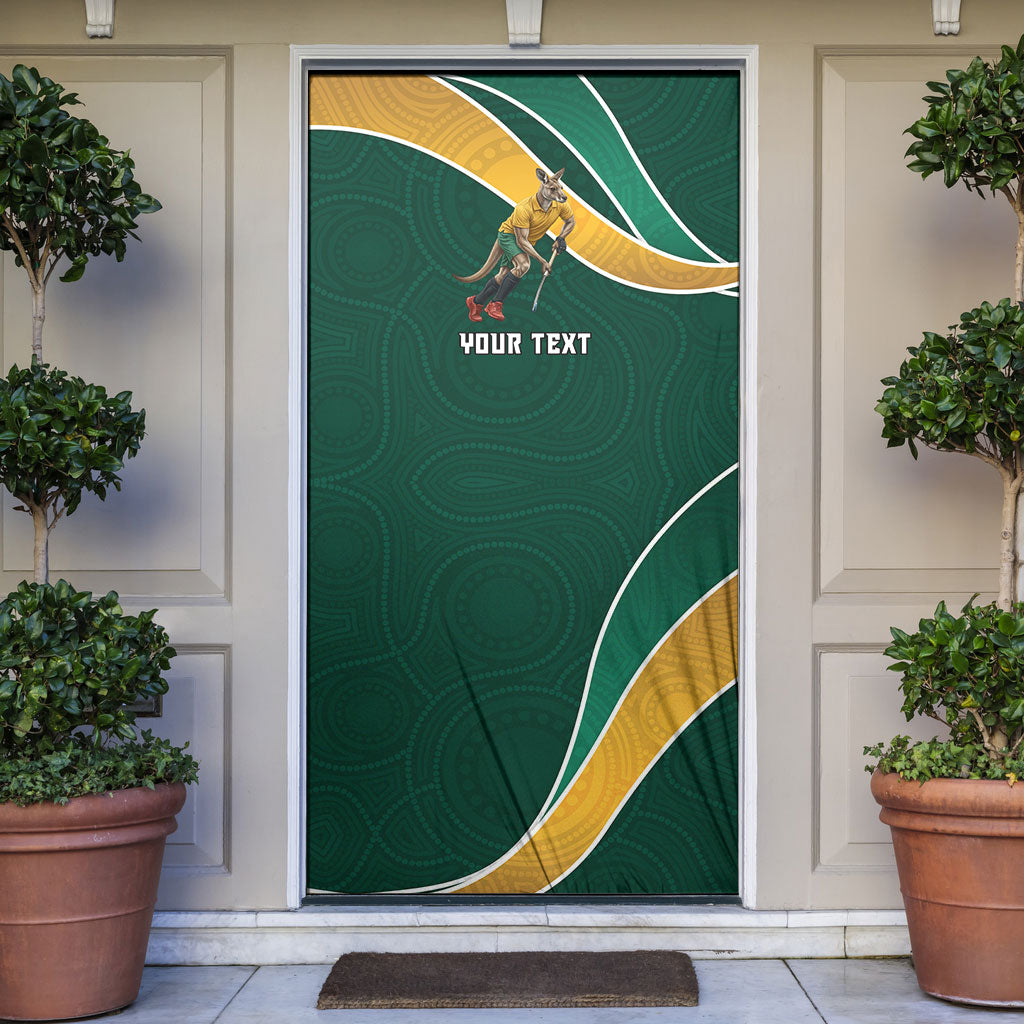 Personalized Kookaburras Field Hockey Kangaroo Door Cover Australian Flag Map With Abstract Green And Gold Wave Pattern