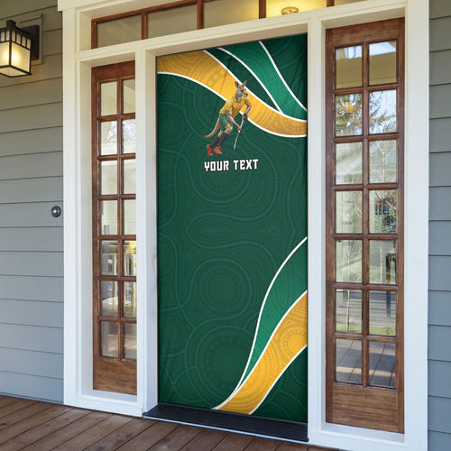 Personalized Kookaburras Field Hockey Kangaroo Door Cover Australian Flag Map With Abstract Green And Gold Wave Pattern