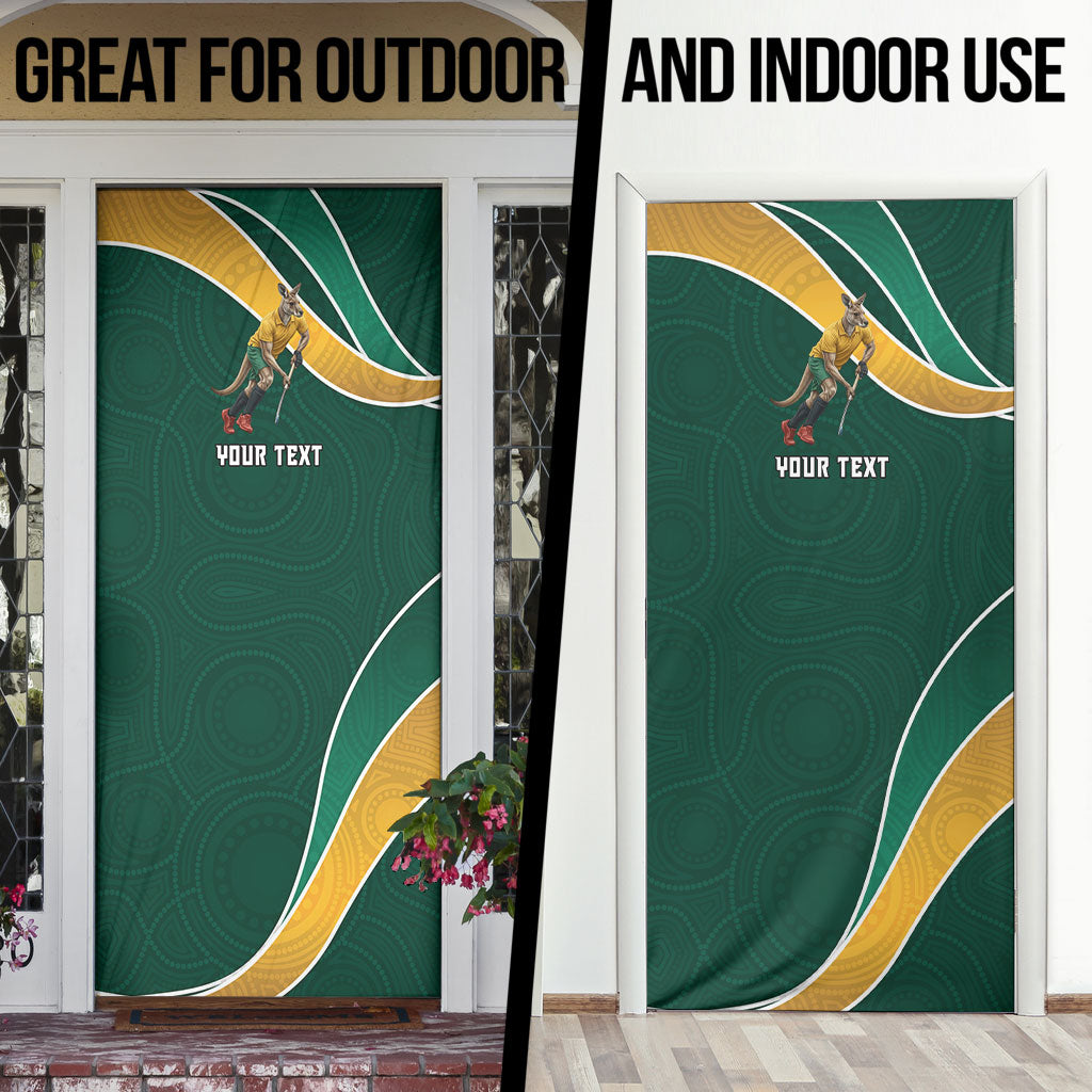 Personalized Kookaburras Field Hockey Kangaroo Door Cover Australian Flag Map With Abstract Green And Gold Wave Pattern