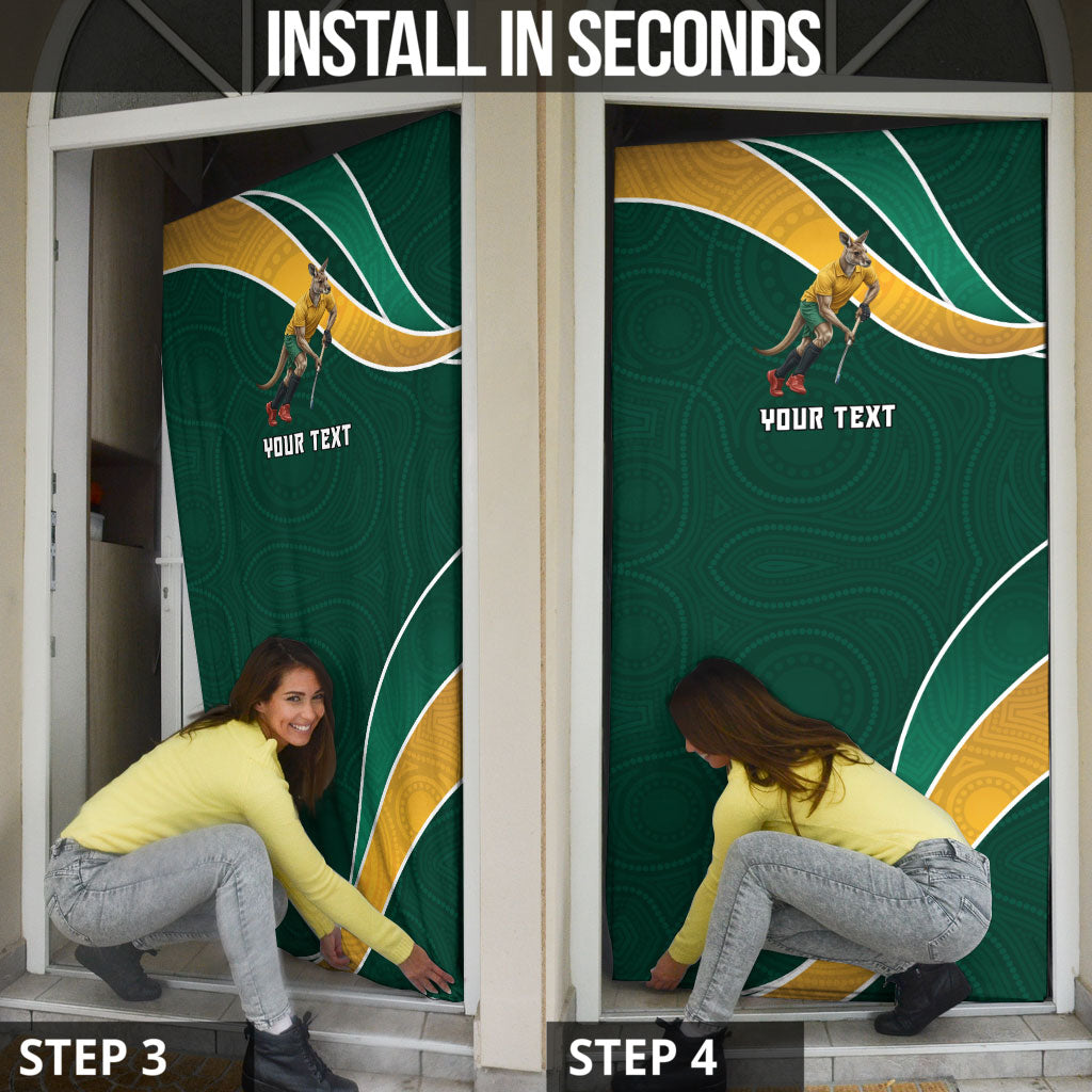 Personalized Kookaburras Field Hockey Kangaroo Door Cover Australian Flag Map With Abstract Green And Gold Wave Pattern