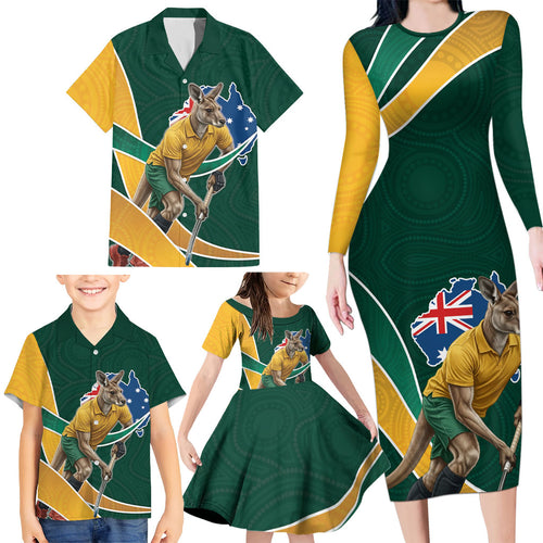 Personalized Kookaburras Field Hockey Kangaroo Family Matching Long Sleeve Bodycon Dress and Hawaiian Shirt Australian Flag Map With Abstract Green And Gold Wave Pattern
