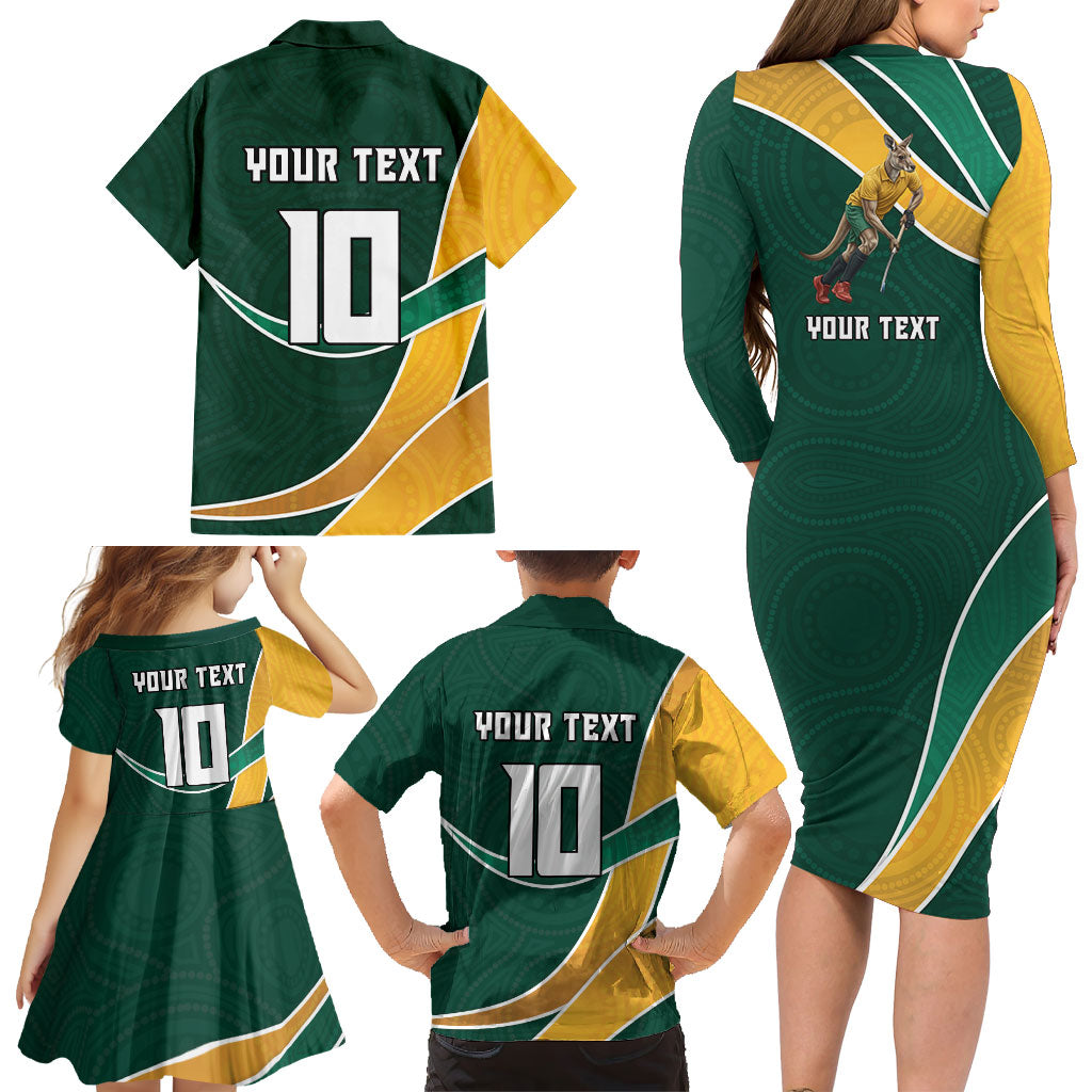 Personalized Kookaburras Field Hockey Kangaroo Family Matching Long Sleeve Bodycon Dress and Hawaiian Shirt Australian Flag Map With Abstract Green And Gold Wave Pattern