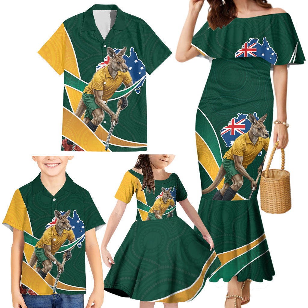 Personalized Kookaburras Field Hockey Kangaroo Family Matching Mermaid Dress and Hawaiian Shirt Australian Flag Map With Abstract Green And Gold Wave Pattern