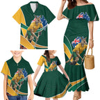 Personalized Kookaburras Field Hockey Kangaroo Family Matching Mermaid Dress and Hawaiian Shirt Australian Flag Map With Abstract Green And Gold Wave Pattern