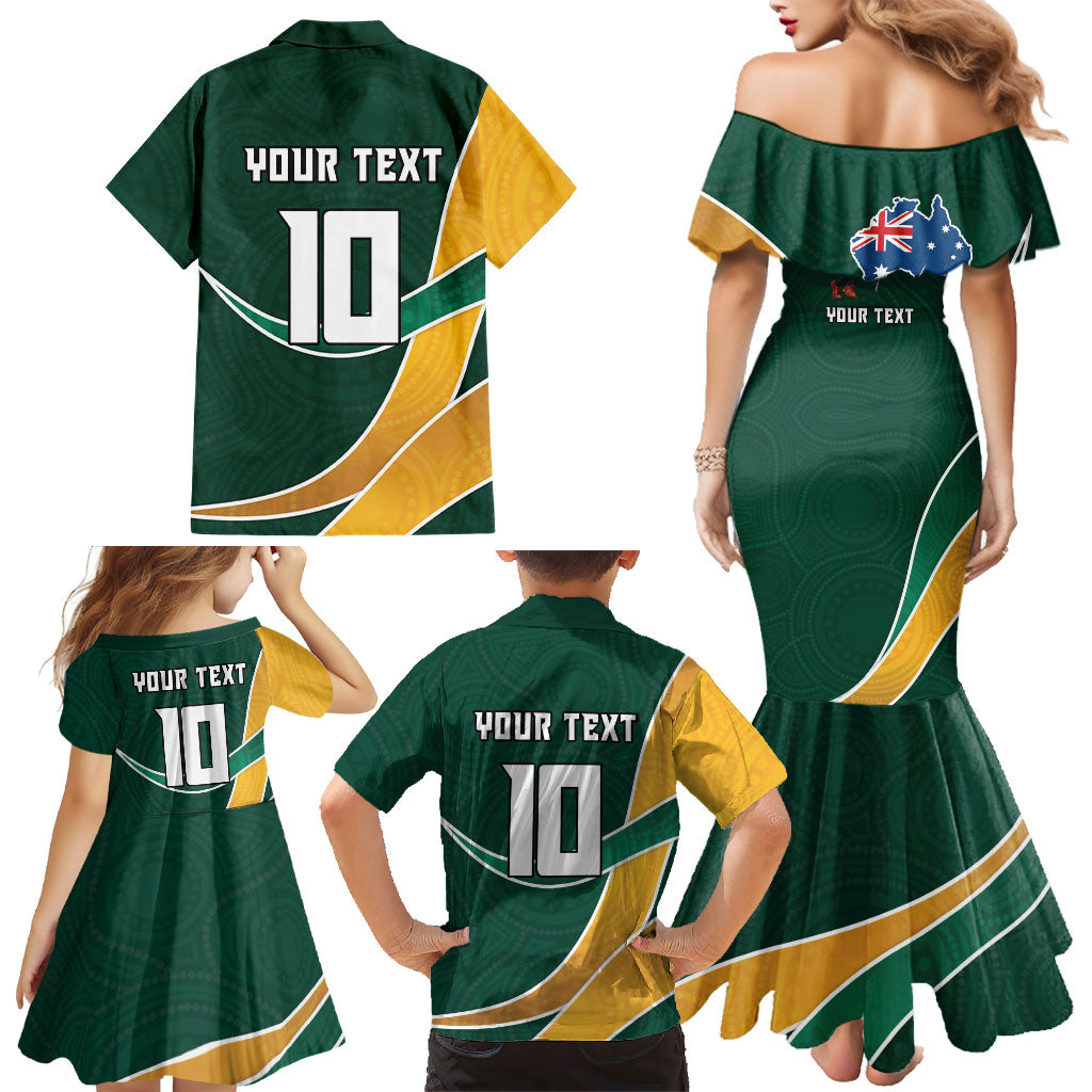 Personalized Kookaburras Field Hockey Kangaroo Family Matching Mermaid Dress and Hawaiian Shirt Australian Flag Map With Abstract Green And Gold Wave Pattern