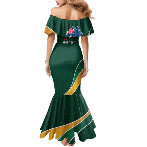 Personalized Kookaburras Field Hockey Kangaroo Family Matching Mermaid Dress and Hawaiian Shirt Australian Flag Map With Abstract Green And Gold Wave Pattern