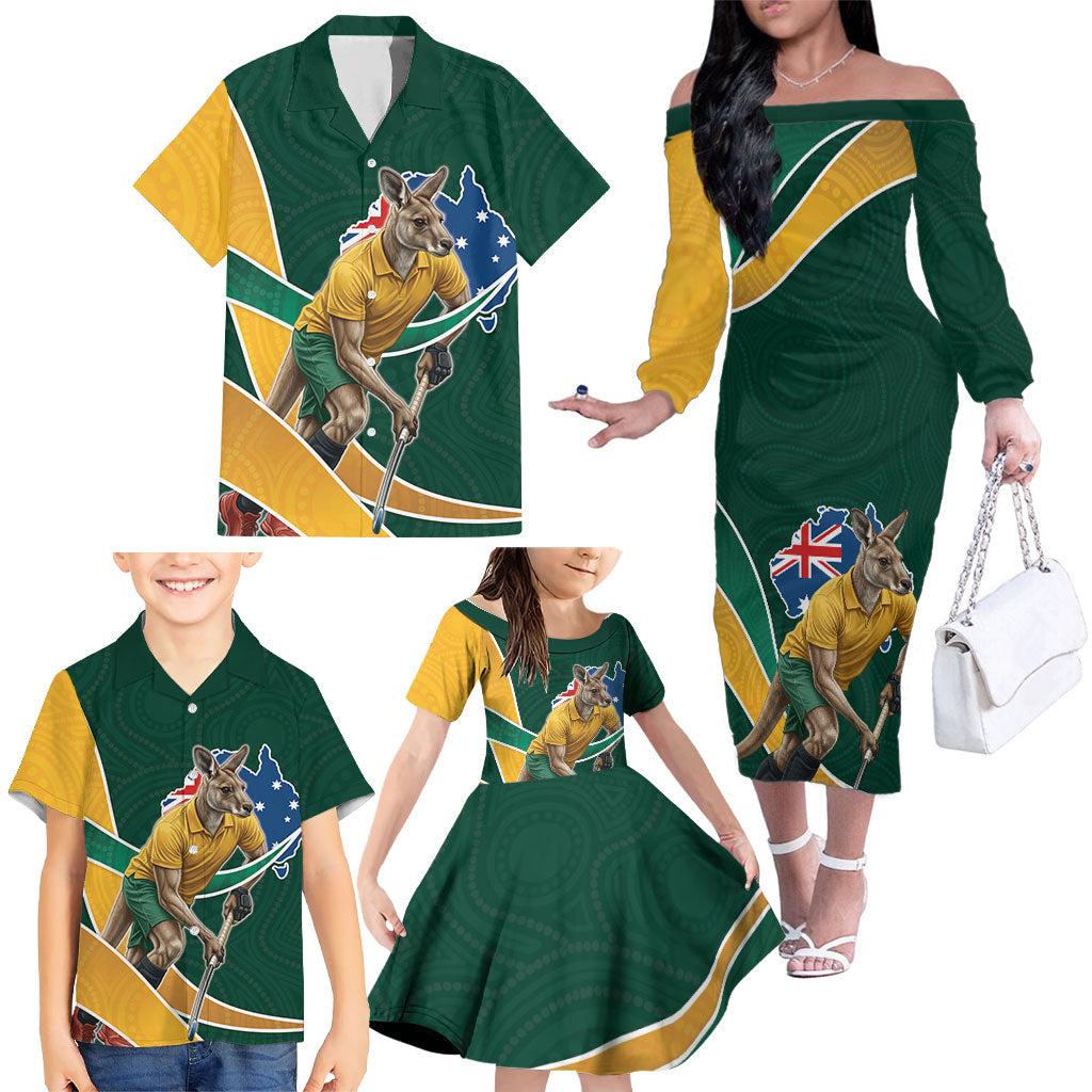 Personalized Kookaburras Field Hockey Kangaroo Family Matching Off The Shoulder Long Sleeve Dress and Hawaiian Shirt Australian Flag Map With Abstract Green And Gold Wave Pattern