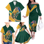 Personalized Kookaburras Field Hockey Kangaroo Family Matching Off The Shoulder Long Sleeve Dress and Hawaiian Shirt Australian Flag Map With Abstract Green And Gold Wave Pattern