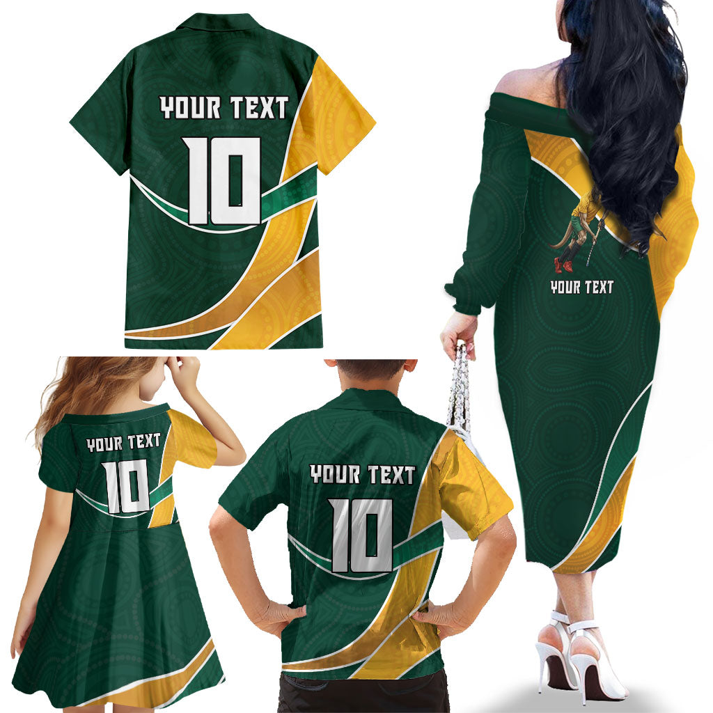 Personalized Kookaburras Field Hockey Kangaroo Family Matching Off The Shoulder Long Sleeve Dress and Hawaiian Shirt Australian Flag Map With Abstract Green And Gold Wave Pattern