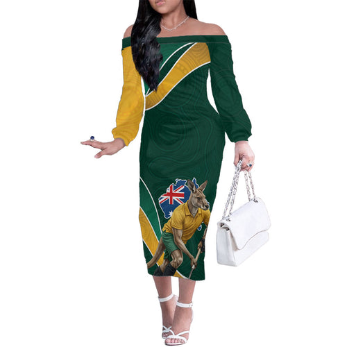 Personalized Kookaburras Field Hockey Kangaroo Family Matching Off The Shoulder Long Sleeve Dress and Hawaiian Shirt Australian Flag Map With Abstract Green And Gold Wave Pattern