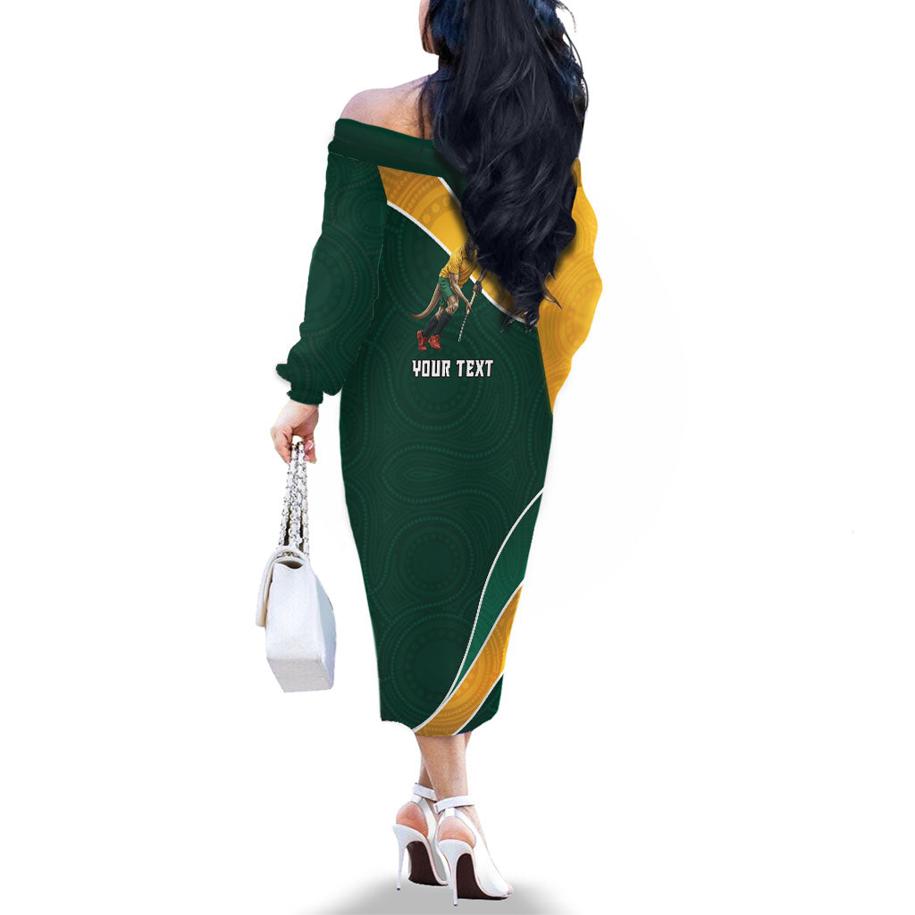 Personalized Kookaburras Field Hockey Kangaroo Family Matching Off The Shoulder Long Sleeve Dress and Hawaiian Shirt Australian Flag Map With Abstract Green And Gold Wave Pattern
